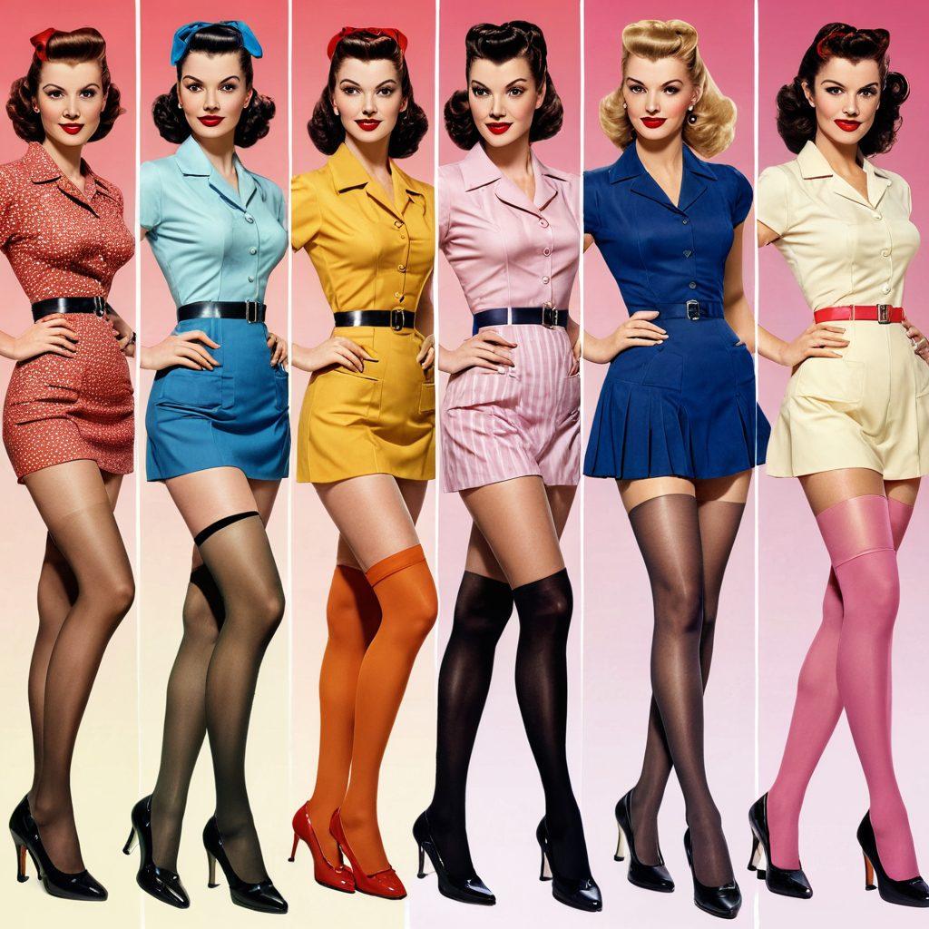 A visual timeline showcasing the evolution of nylon stockings, featuring women from different decades - 1940s pin-up girl, 1960s mod fashionista, 1980s power-dresser, and a modern-day fashion icon. Each era represented with distinct clothing styles, colors, and backgrounds to highlight their respective time periods. A subtle gradient transitions between the eras. vintage style. vibrant colors.