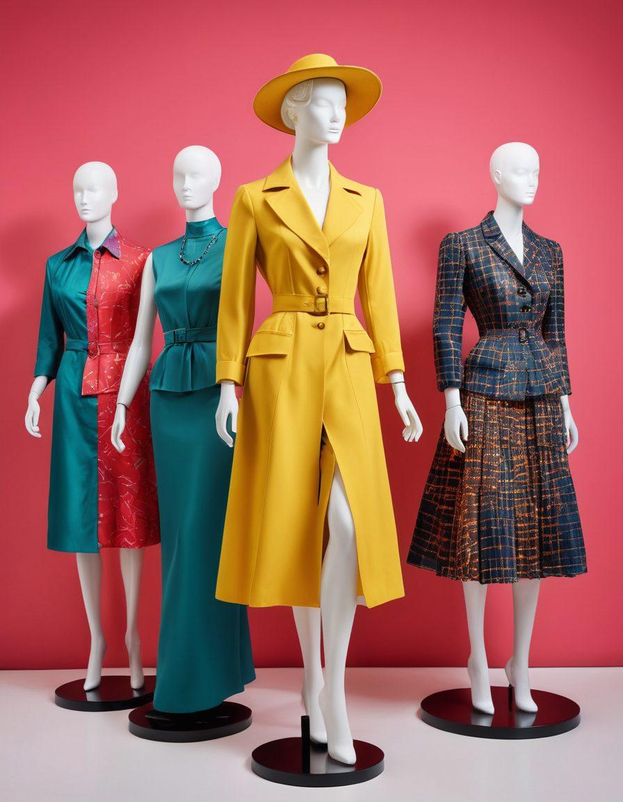 An elegant display of women's fashion evolution showcasing vintage and modern clothing pieces made from nylon, arranged on mannequins in a chic boutique setting. The background features a timeline with key milestones of nylon in fashion, and a spotlight highlighting the texture and versatility of nylon fabric. Vector art. Vibrant colors.